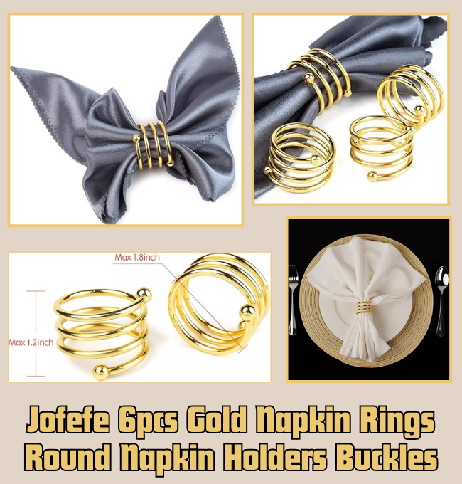 Jofefe 6Pcs Gold Napkin Rings Round Napkin Holders Buckles for Wedding, Dinner Party, Table Decorations