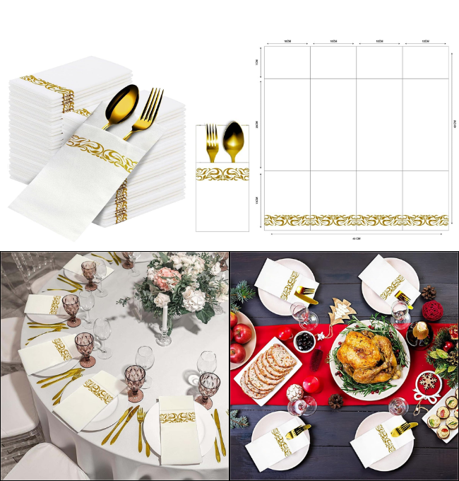 Kafoor 120-Pc Disposable Linen Feel Dinner Napkins - Elegant White and Gold Napkins, Cloth-Like, Prefolded with Flatware Pocket. Ideal for Parties, Weddings, Dinners, and Events