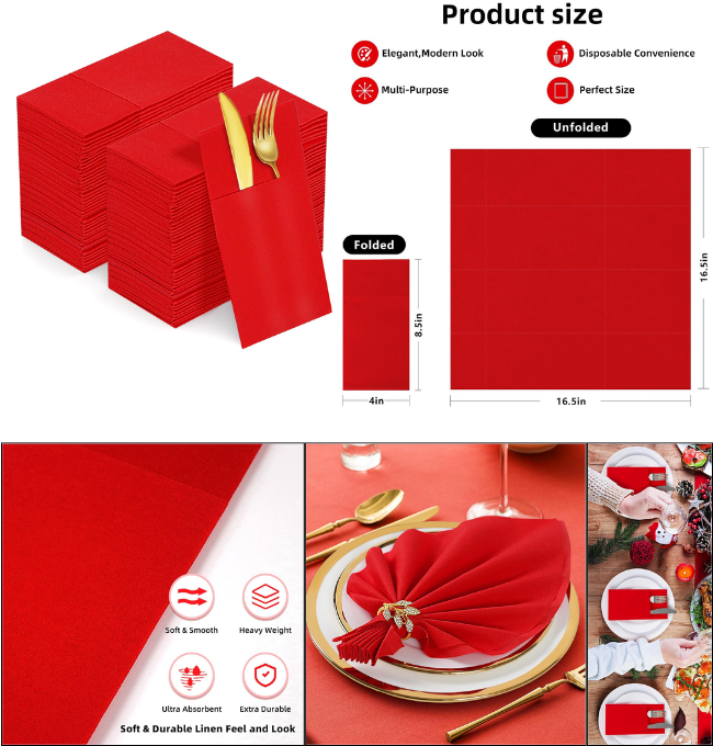 KAMMAK Red Napkins Disposable Dinner Paper Napkins with Pocket 100 Pack Cloth Like Folded Wedding Napkins Guest Hand Towels for Reception, Christmas, Party, Bathroom, Kitchen (16.5 x 16.5 inch)