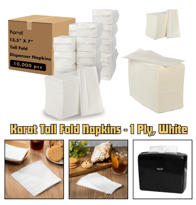 Karat Tall Fold Napkins - 1 Ply, White, Perfect for Restaurants and Cafes, Fits Most Dispensers, Made from Renewable Resources, Case of 10,000