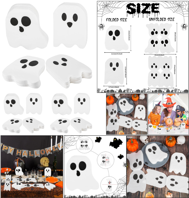 KIMOBER 100PCS Halloween Napkins 2-Ply White Ghost Folded Paper Napkins Disposable Halloween Cocktail Napkins for Party Favor Supplies