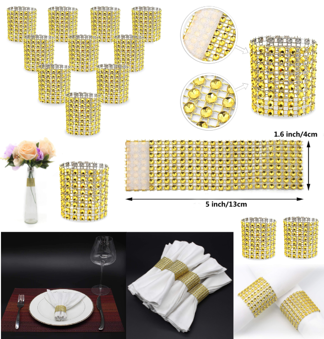 KPOSIYA Napkin Rings, Pack of 120 Rhinestone Napkin Rings Diamond Adornment for Place Settings, Wedding Receptions, Dinner or Holiday Parties, Family Gatherings (120, Gold)