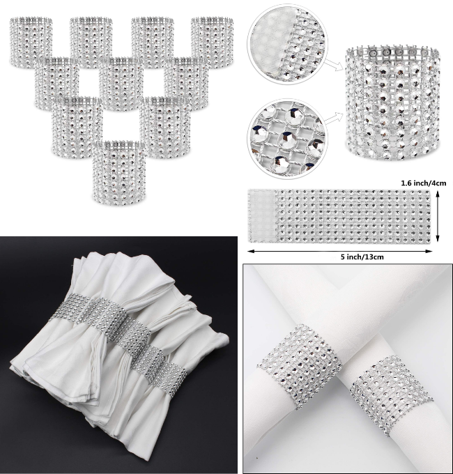 KPOSIYA Napkin Rings, Pack of 120 Rhinestone Napkin Rings Diamond Adornment for Place Settings, Wedding Receptions, Dinner or Holiday Parties, Family Gatherings (120, Silver)