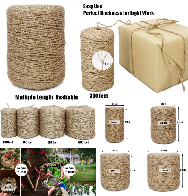 Leecogo 2mm Jute Twine 600 Feet 3Ply Twisted Heavy Duty Brown Twine String Ribbon for Arts Crafts DIY Project Gardening Packing Materials