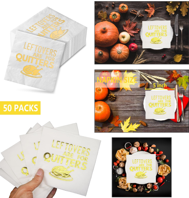 Leftovers Are for Quitters Napkins, Friendsgiving Decorations, Thanksgiving Party Decorations, Friendsgiving Party Decorations, Thanksgiving Napkins, ZJ Friendsgiving Napkins(Gold Foil,50-Pack)