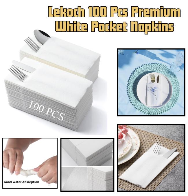 LEKOCH 100 pcs Premium White Pocket Napkins Disposable Linen Feel Built in Flatware Dinner Napkins for Reception Wedding Christmas