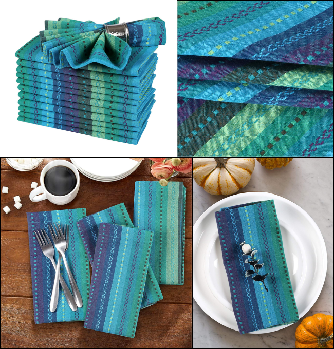 Life By Cotton Salsa Stripe Set of 12 Pure 100% Cotton Cloth Napkins 18x18 Inch Dinner Napkins, Wedding Napkins, Machine Washable, Cocktail Napkins, Teal Multicolor