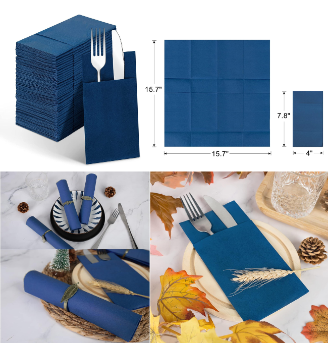 Linen-Feel Navy Blue Paper Napkins, 50 Pcs Cloth Like Dinner Napkins with Built-in Flatware Pocket, Pre-Folded Absorbent Napkins Disposable Guest Paper Hand Towels for Bathroom, Weddings Party Napkins