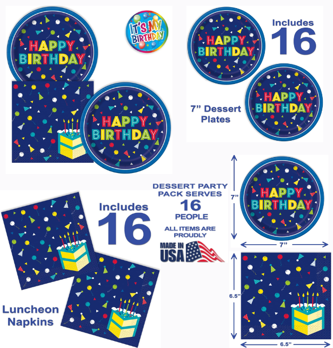 Lobyn Birthday Party Plates and Napkins Vibrant Birthday Peppy Design 16 counts of 7" Dessert Plates 16 count 6.5" Folded Lunch Napkins Perfect for Happy Birthday Celebrations