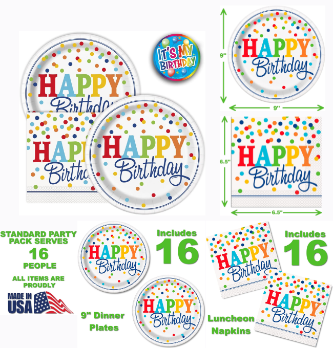 Lobyn Birthday Party Plates and Napkins Vibrant Birthday Dots Design 16 counts each of 9