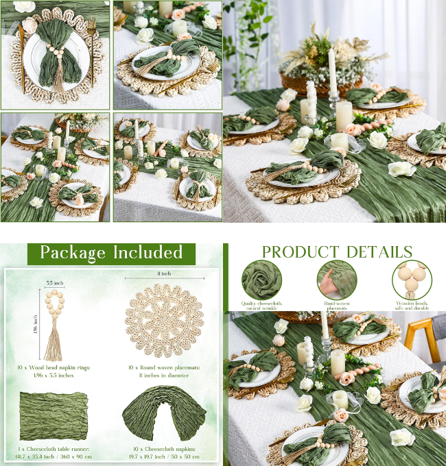 Mixweer Set of 10 Sage Green Cheesecloth Table Runner Boho Napkins Round Woven Placemats Farmhouse Wood Bead Napkin Ring with Tassel Table Settings for Wedding Birthday Dinner Party Tabletop Decor