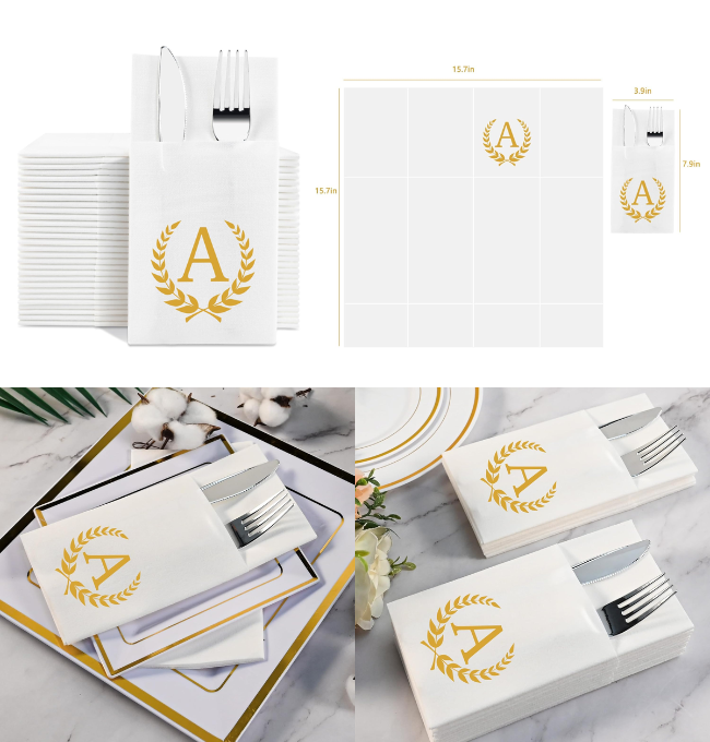 Monogram Disposable Napkins with Pocket, 100pcs Gold Monogram Pocket Napkins - Letter A Dinner Napkins with Built-in Flatware Pocket for Silverware, Kangaroo Napkins for Party, Wedding(A, Gold)