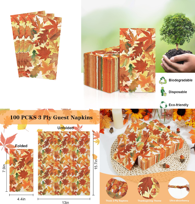 NatuBeau 100 Pcs Thanksgiving Napkins 3 Ply Fall Paper Guest Napkins for Bathroom Maple Leaves Dinner Napkins for Home Kitchen Dinner Powder Room Paper Towels for Autumn Fall Thanksgiving Holiday