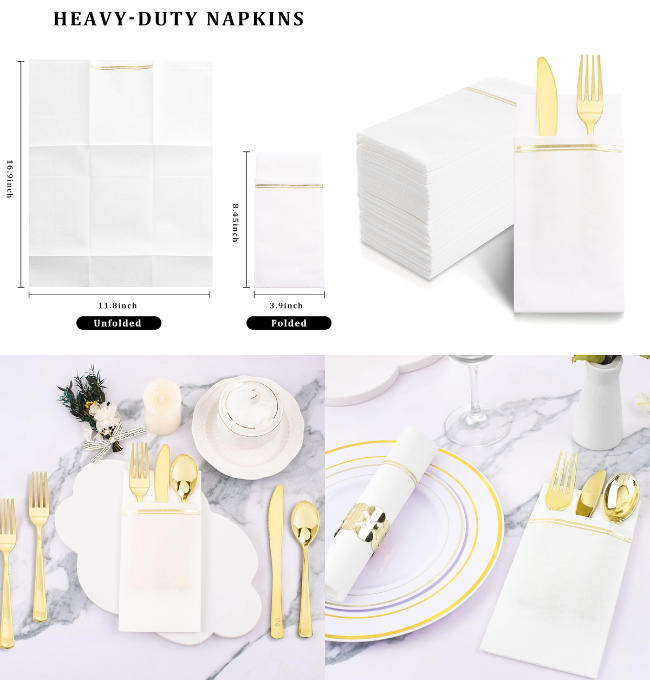 Nervure 100PCS Gold Paper Napkins with Built-in Flatware Pocket - White and Gold Prefolded Cloth Like Disposable Napkins - Heavy-duty Linen-Feel Dinner Napkins for Party & Wedding & Dinner