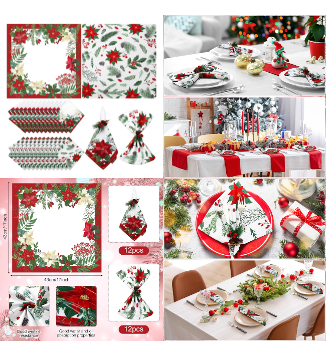 Nitial 24 Pcs Christmas Cloth Napkins Xmas Poinsettia Floral Cloth Napkin Washable Christmas Color Dinner Napkins for Xmas Kitchen Tableware Decor Weddings Party(Christmas)