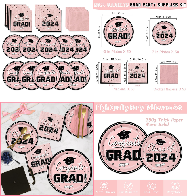 Oigco Graduation Plates and Napkins 2024 Graduation Party Supplies Congrats Grad Disposable Paper Plates Cocktail Napkins Luncheon Napkins for Pink Graduation Party Decorations, Serve 50