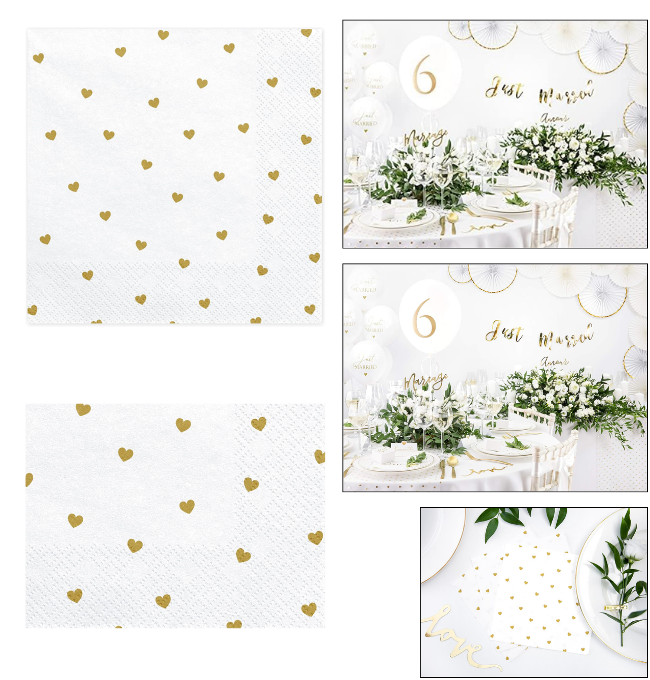 PartyDeco White Napkins with Gold Print Hearts - Birthday Valentine's Day Wedding Honeymoon Napkins - Printed Handkerchiefs