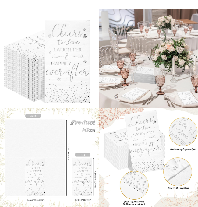 Pasimy 100 Pieces Bridal Shower Napkins Cheers to Love Laughter and Happily Ever After Disposable Decorative Wedding Paper Dinner Napkins for Banquet Engagement Party Decoration Supplies (Silver)