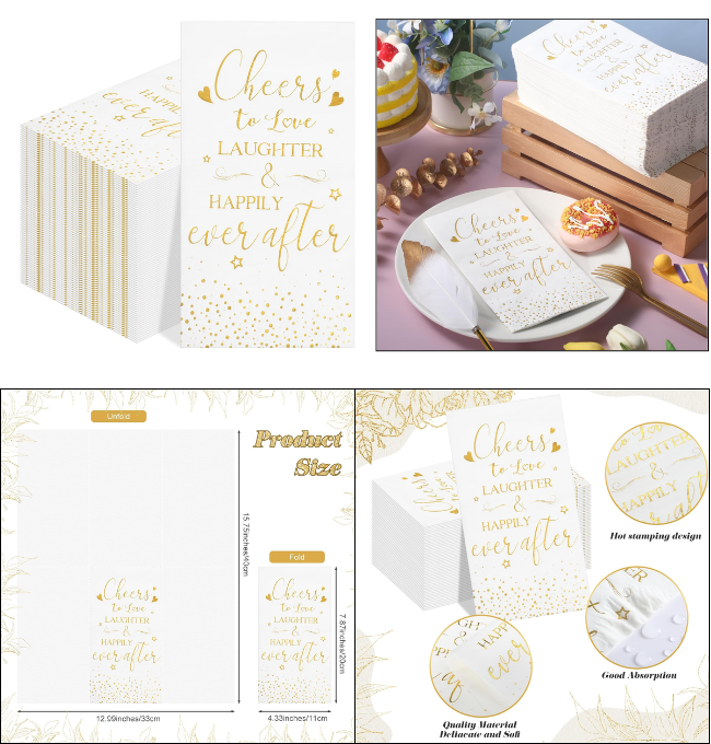 Crisky Floral Bridal Shower Napkins - Gold Foil Cheers To Love Paper Disposable Napkins for Wedding/Engagement/Bridal Shower Party Decoration, 3-Ply, 50 Counts