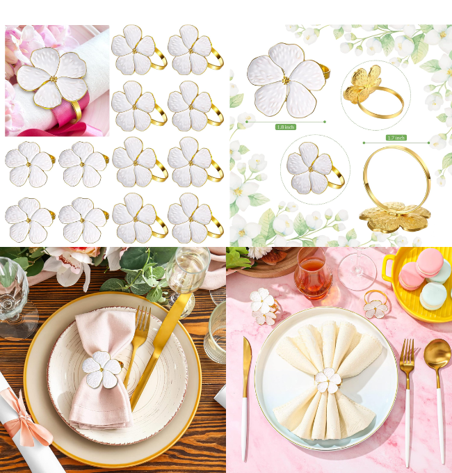 Patelai 36 Pcs White Flower Napkin Rings Set, Holiday Gold Napkin Ring Holder Floral Serviette Buckles for Wedding Party Banquet Thanksgiving Halloween Dinner Table Decor and Daily Use