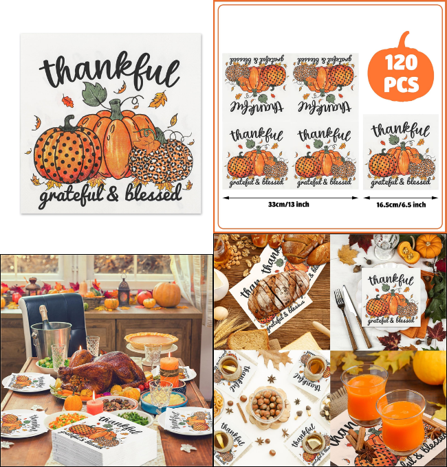 peony man 120 Pieces Thanksgiving Paper Napkins Thanksgiving Luncheon Napkins Fall Pumpkin Party Napkins Thankful Disposable Napkins for Fall Party Tableware Family Dinner, 6.5 x 6.5 Inch