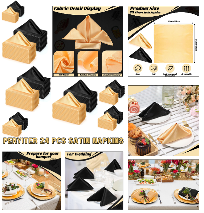 Peryiter 24 Pcs Satin Napkins 12 Black and 12 Gold Napkins 17x17 Decorative Silky Dinner Napkins Square Table Napkins Satin Cloth Napkins for New Years Party Restaurant Weddings