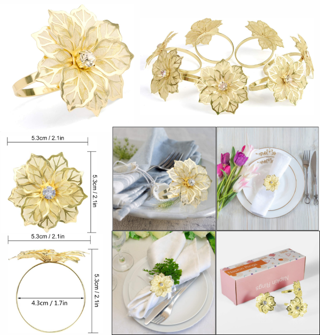 Picowe Set of 12 Alloy Napkin Rings with Hollow Out Flower Napkin Ring Holders for Wedding Party Holiday Banquet Christmas Dinner Delicate Serviette Buckles Decor Favor (Gold)