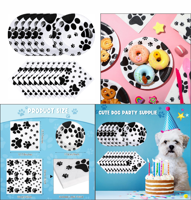 Potchen 80 Pcs Dog Paw Prints Birthday Party Tableware Supplies 40 Disposable Plates and Napkins Theme Decorations for Kids Baby Shower Puppy 7 Inch, Black/White, 13 x 13 inches