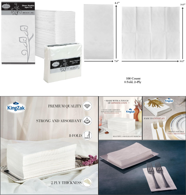 Premium White Napkins, 1/8 Fold Dinner Napkin, Disposable 2-Ply White Party Napkins, Value Pack 100 Count