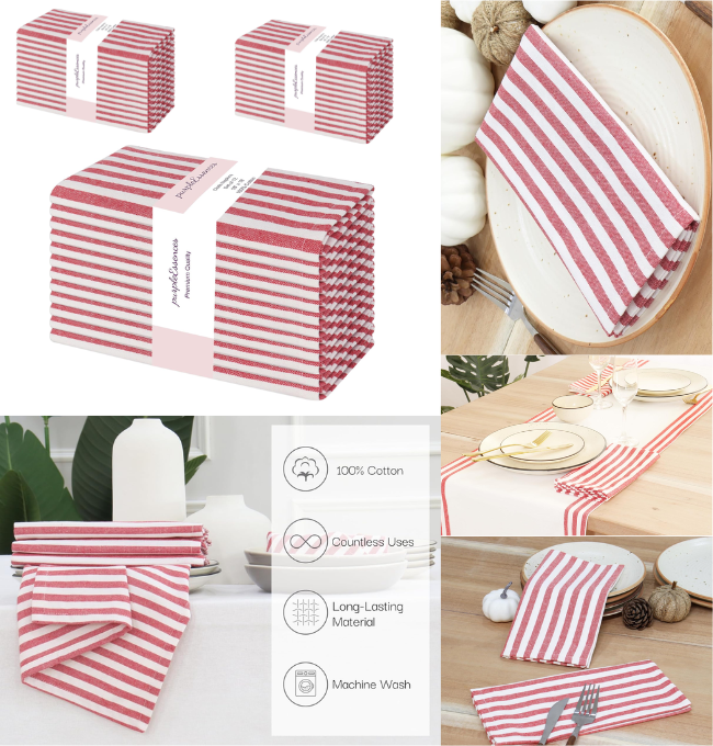 PurpleEssences Plain Striped Cloth Napkins - Set of 12-100% Cotton - 18 x 18 Inch - Spring and Summer - Perfect Everyday Use Dinner Napkin - Red and White