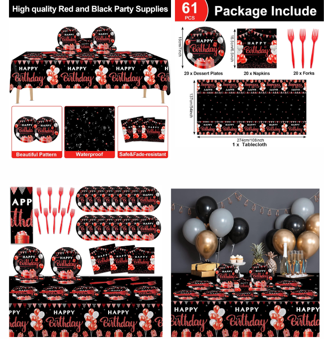 Red and Black Birthday Party Supplies Confetti Sprinkles Happy Birthday Party Tableware Includes Party Plates Napkins Fork and Red and Black Tablecloth for Birthday Parties Decorations Set Serve 20