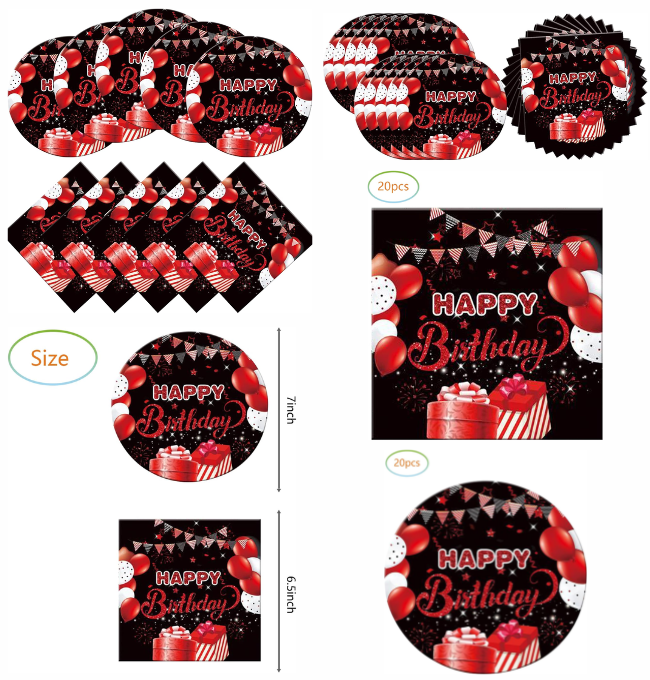 Red and Black Birthday Party Tableware Supplies Set, 20 Plates and 20 Napkins, Red Birthday Party Confetti Sprinkles Happy Birthday Party Decorations for Men Women