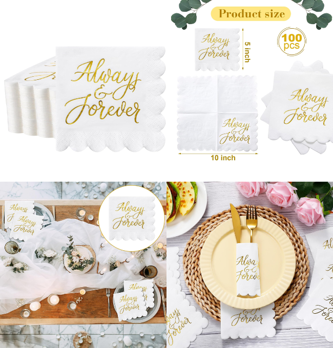 Sayglossy 100 Pcs White Scalloped Napkins for Wedding Reception with Gold Foil Always and Forever Wedding Cocktail Napkins Disposable Wedding Shower Supplies, 5 x 5 In(Forever)