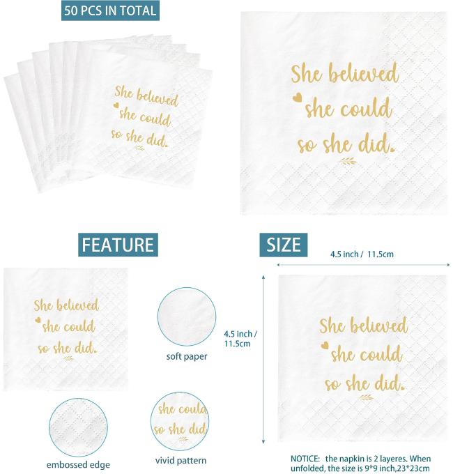 She Believed She Could So She Did Napkins, Graduation Napkins Decorations for Girls Her, College High School Graduation Party Decoration Gift, 2023 Graduation Party Decorations (4.5 x 4.5 In, 50Pcs)