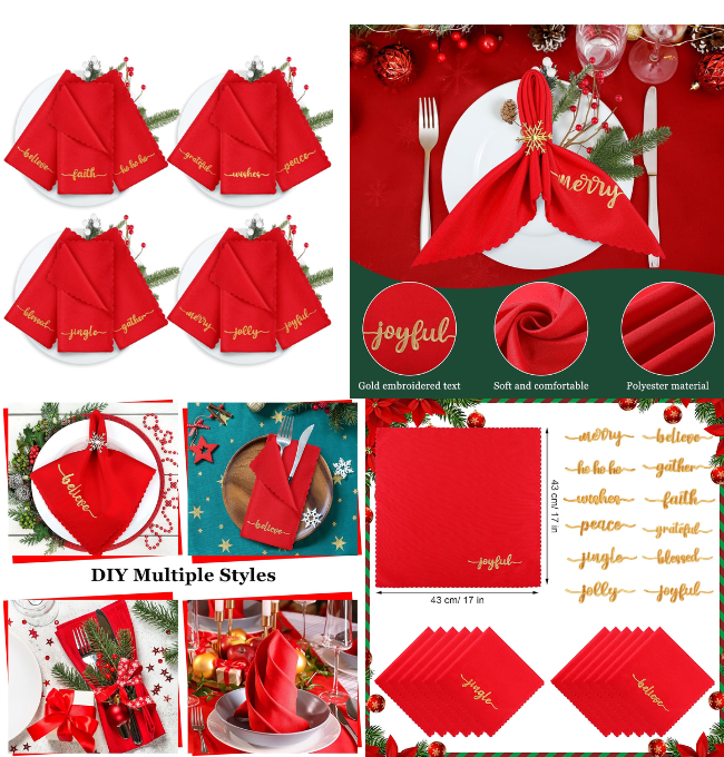 Sliner 12 Pcs Christmas Red Cloth Napkins Set 17 x 17 Inch Embroidered Seasonal Sayings Cloth Dinner Napkins Washable Thankful Grateful Blessed Merry Christmas Napkins for Holiday Kitchen Party Table