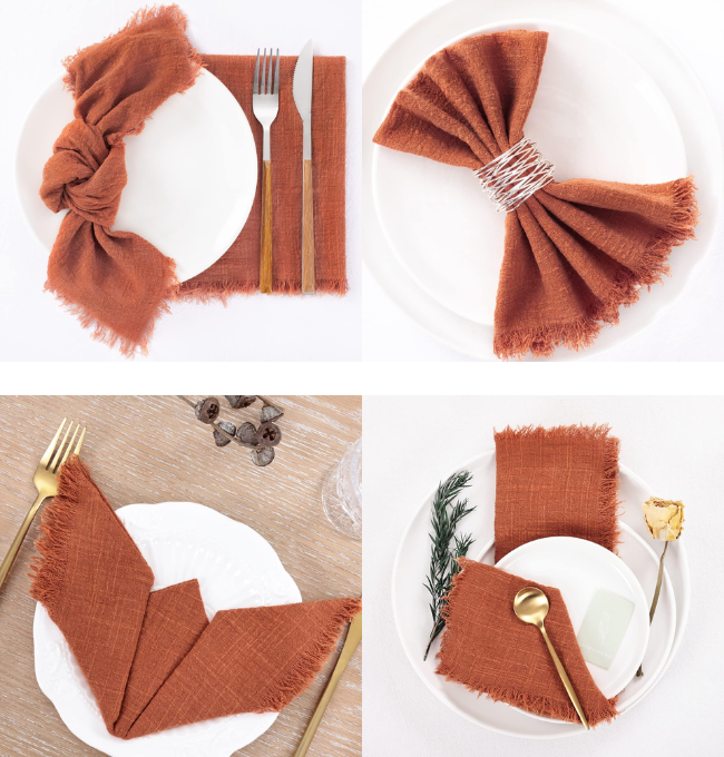 Socomi Handmade Cloth Napkins with Fringe Set of 8 Terracotta Cotton Linen Napkins 18