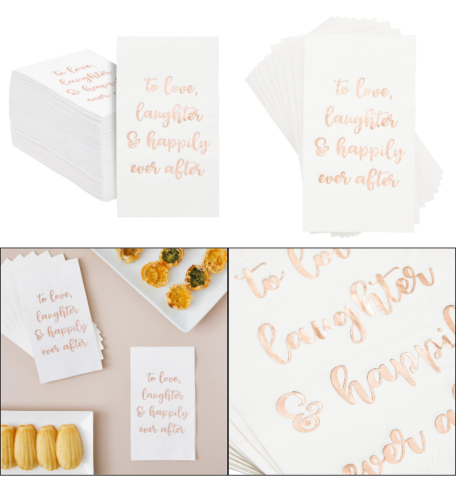 Sparkle and Bash 100 Pack Wedding Napkins with Gold Foil Lettering, To Love, Laughter and Happily Ever After (White, 4 x 8 In)