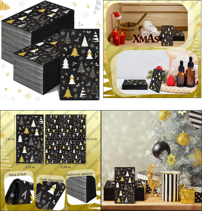 Spiareal 200 Pcs Christmas Tree Paper Napkins Disposable Christmas Guest Napkins Black and Gold Paper Hand Towels for Bathroom 2 Ply Black Xmas Dinner Napkin Decorative for Holiday Party Supplies