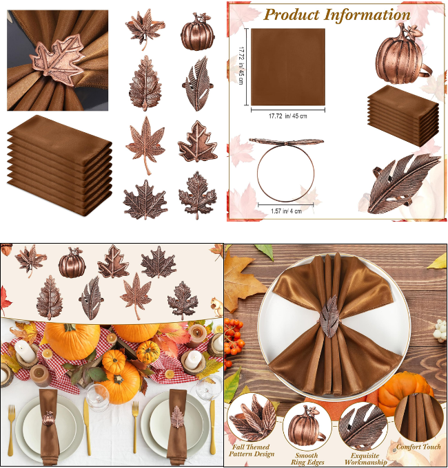 Suttmin 8 Sets Fall Thanksgiving Cloth Napkins and Napkin Ring Holders Reusable 8 Pcs Napkin Ring Holders with 8 Pcs Cloth Napkins for Party Table Decoration(Maple Leaf)