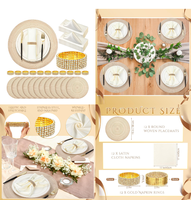 Teenyyou 36 Pieces Table Setting Supplies Include 12 Round Woven Placemats 12 Ivory Satin Cocktail Napkins 12 Gold Napkins Rings Vintage Place Mats Set for Wedding Party Events Dinner Table Decoration