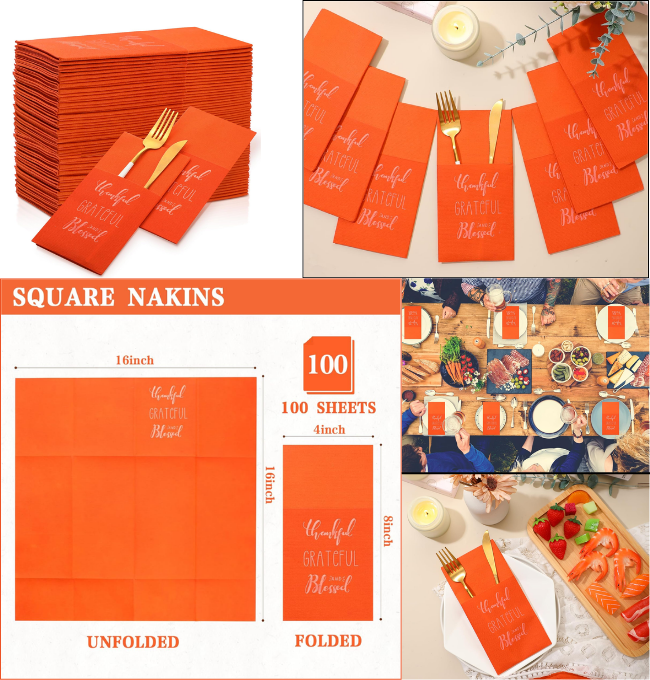 Tenceur 100 Pcs Fall Napkins Thanksgiving Disposable Napkins Orange Guest Paper Napkins with Flatware Pocket Prefolded Dinner Napkins for Silverware Wedding Party