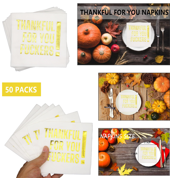 Thankful for You Napkins, Friendsgiving Party Decorations, Thanksgiving Table Decor, Gold Foil Napkins (5 x 5 In, 50-Pack)