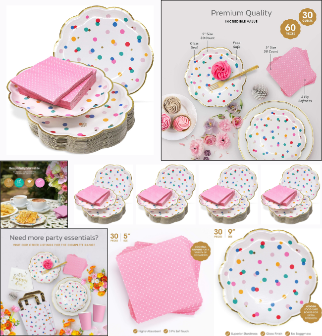 The Joy Bazaar Premium Pink and Gold Party Plates Set - 30 Pack Disposable Plates and Napkins, Ultra-Durable 400GSM, No Soggy Mess!