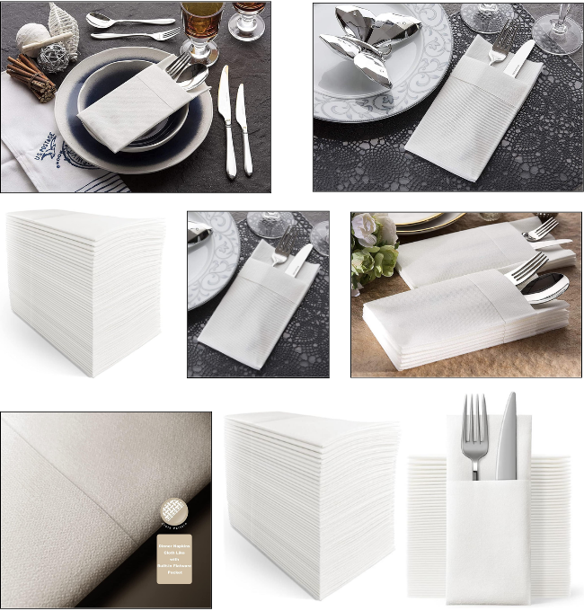 UKEENOR Disposable Dinner Napkins Cloth Like with Built-in Flatware Pocket,Wedding Party Linen Feel White Napkin, Prefolded for Silverware,Pack of 50