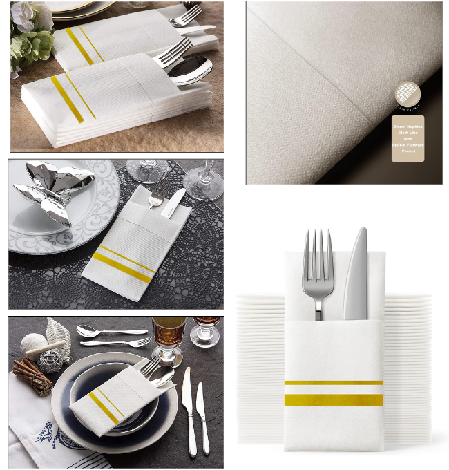 UKEENOR Disposable Dinner Napkins Cloth Like with Built-in Flatware Pocket,Wedding Party Linen Feel White and Golden Napkin, Prefolded for Silverware, 50 Counts