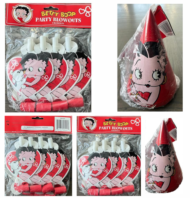 Unique Betty Boop Birthday Party Supplies Bundle includes 8 Party Hats and 8 Party Blowouts