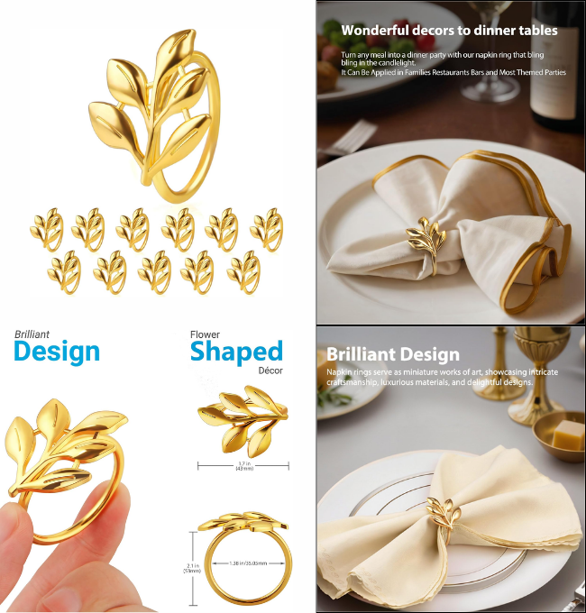 URWOOW Leaf Napkin Ring Holder Set of 12 Gold Color Dining Table Décor for Wedding Party Dinner Banquet (Gold 12pcs)