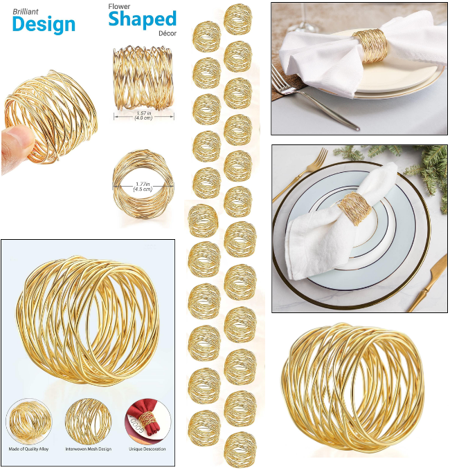 URWOOW Twisted Wire Mesh Napkin Rings Holders Décor Dinner Party Wedding Christmas Gathering (Gold 12pcs)