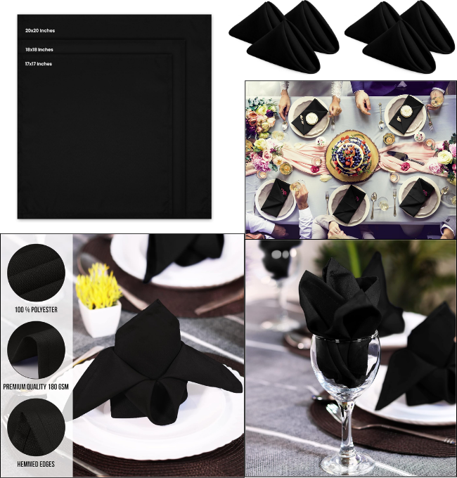 Utopia Home Black Cloth Napkins (12 Pack, 20x20 Inches), Ideal Dinner Napkins for Party, Wedding and Lunch/Dinner