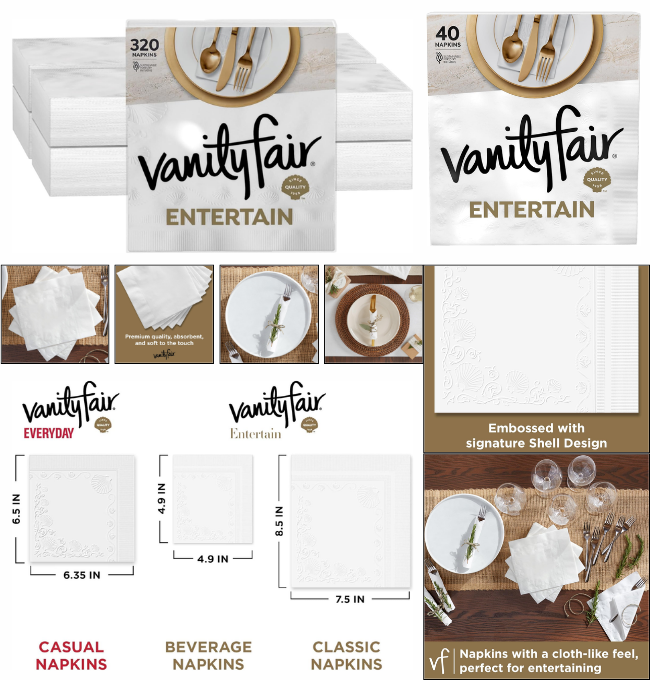 Vanity Fair Entertain Paper Napkins, 320 Count, Disposable Napkins Made For Entertaining And Events